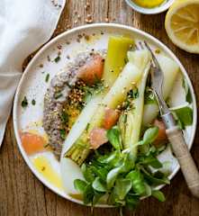 Poireaux vinaigrette au citron, crème de champignons-kasha