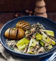 Mushroom Ragout with Steamed Leeks and Hasselback Potatoes