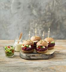 Smoky beetroot and black bean sliders with soused cucumber