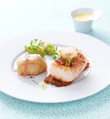Cabillaud et crumble, ballotine de petits pois et sabayon rhubarbe (Demi-finale Thermostars 2017)