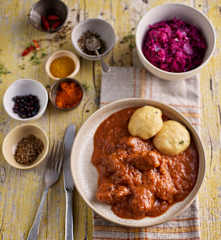 Beef Goulash with Bread Dumplings and Red Cabbage