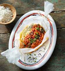 Steinbutt-Curry-Schiffchen mit Basmatireis (Indien)