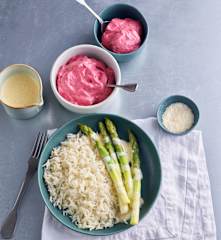 Asperges, riz au parmesan et sabayon au citron - Mousse glacée aux fruits rouges