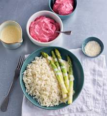 Asparagus, Parmesan Rice and Lemon Sabayon Sauce; Berry Foam