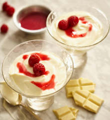 Weiße Schoko-Creme mit Himbeersauce