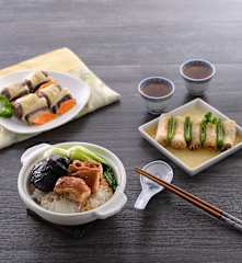 竹笙三絲卷&干蒸牛肉丸、北菇滑雞飯