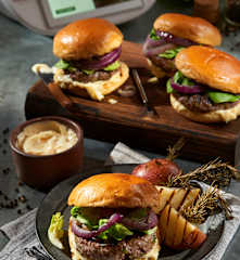 Grilled Burger with Red Potatoes and Garlic Mayonnaise