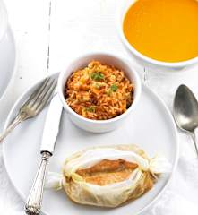 Cream of Tomato Soup with Carrot and Squash, Honey Mustard Salmon with Rice