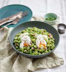 Favas com coentros e ovos escalfados