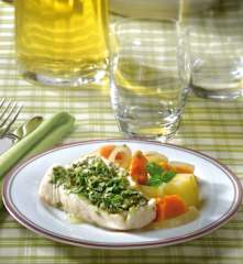 Merluzzo agli aromi, con zucca e patate