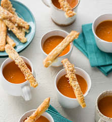 Tomato soup with ham and cheese wands