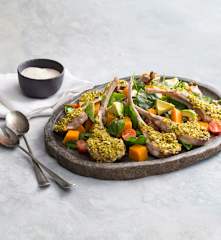 Lamb cutlets with pumpkin and pistachio salad