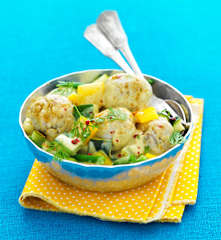 Boulettes de poissons épicées, curry de légumes du soleil