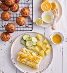 Kabeljau mit Zitrusbutter und Kartoffeln und Schokoladen-Muffins