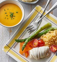 Butternut Squash Soup, Fish with Rice and Vegetables, Apple and Pear Crumble