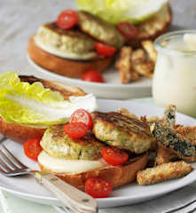 Lemon and herb salmon burgers with zucchini fries