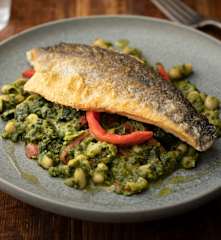 Sea Bass with Cavolo Nero, Cannellini Beans and Red Pepper