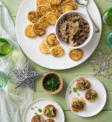 Mini chive pikelets with mushrooms