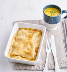 Creme de chuchu e feijão-verde e lasanha de abóbora e cogumelos
