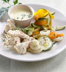 Creamy Vegetable Soup, Steamed Chicken with Vegetable Tagliatelle and Mustard Sauce