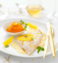 Turbot au beurre d'orange et purée carotte-coco