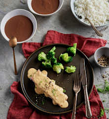 Salmon with Dill Cream Sauce, Broccoli and Basmati Rice; Chocolate Custard