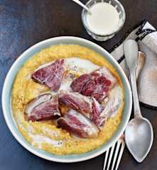 Jarret de porc, patate douce et poireau