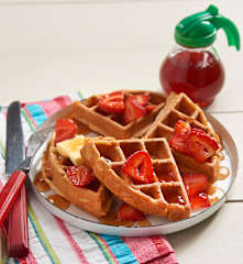 Peanut Butter Waffles with Jammy Maple Syrup