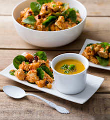 Moroccan chicken and couscous salad with sweet potato soup