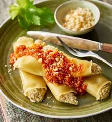 Cannelloni with Artichoke Filling and Tomato Sauce