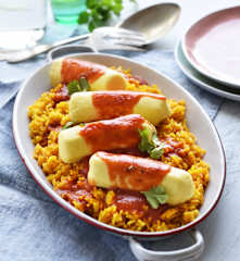Quenelles de brochet, riz à paëlla et tomate