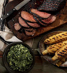 Beef tri-tip, charred corn and creamed spinach