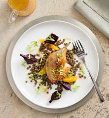 Duck confit with lentil & orange salad