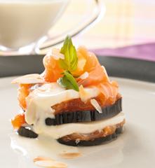 Aubergine mille-feuille with yoghurt and mustard sauce