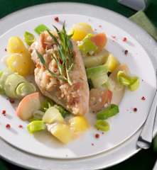 Putenschnitzel mit Kartoffeln und Apfel-Zwiebel-Sauce