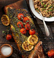 Plank Grilled Pesto Salmon with Mushroom Orzotto