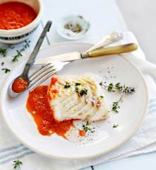 Pavés de cabillaud, coulis de poivrons