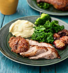 Roast Duck with Plums and Cauliflower Potato Purée