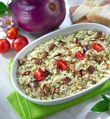 Risotto al basilico e pecorino con dadolata di melanzane