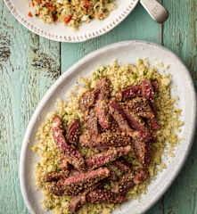 Seared Sesame Steaks with Ginger Chopped Salad and Lime Couscous