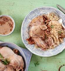 Poulet sauce au cidre, lardons, oignons et noix de pécan