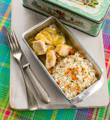 Peixe com citrinos e arroz de cenoura