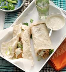 Falafel in square flatbread (R'Gaif bread) with tahini sauce