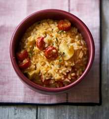 Risoto de cerveja, linguiça e cogumelos