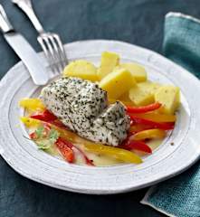 Seelachs mit Kartoffeln, Paprika und Senfsauce
