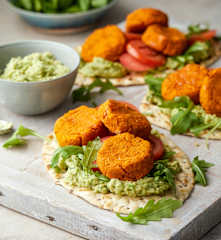 Sweet Potato and Butter Bean Falafel Flatbreads with Broad Bean Houmous