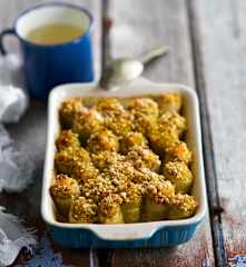 Canelones de alho-francês com quinoa e camarão