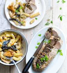 Filet mignon farci, pâtes aux champignons