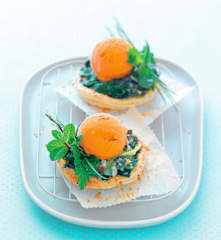 Tartelette fine aux épinards, glace poivron-gorgonzola