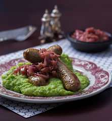Bangers and mixed mash with caramelised onions